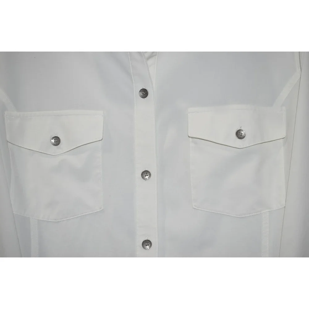 Eddie Bauer XL Women Departure Shirt Ivory Roll Tab Sleeve Button Up Stretch - Picture 9 of 16